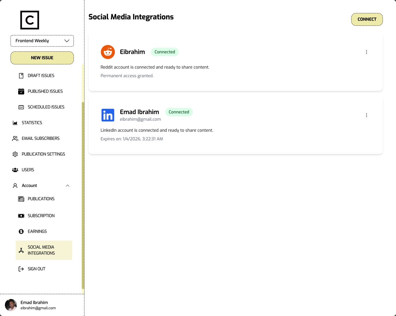 Social media integrations showing connected accounts and OAuth status