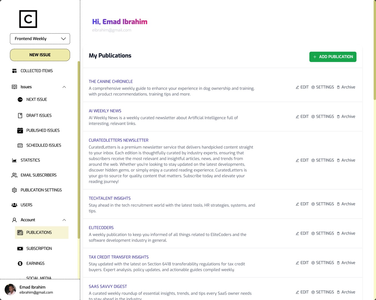 Publications list showing multiple newsletters with edit and settings controls