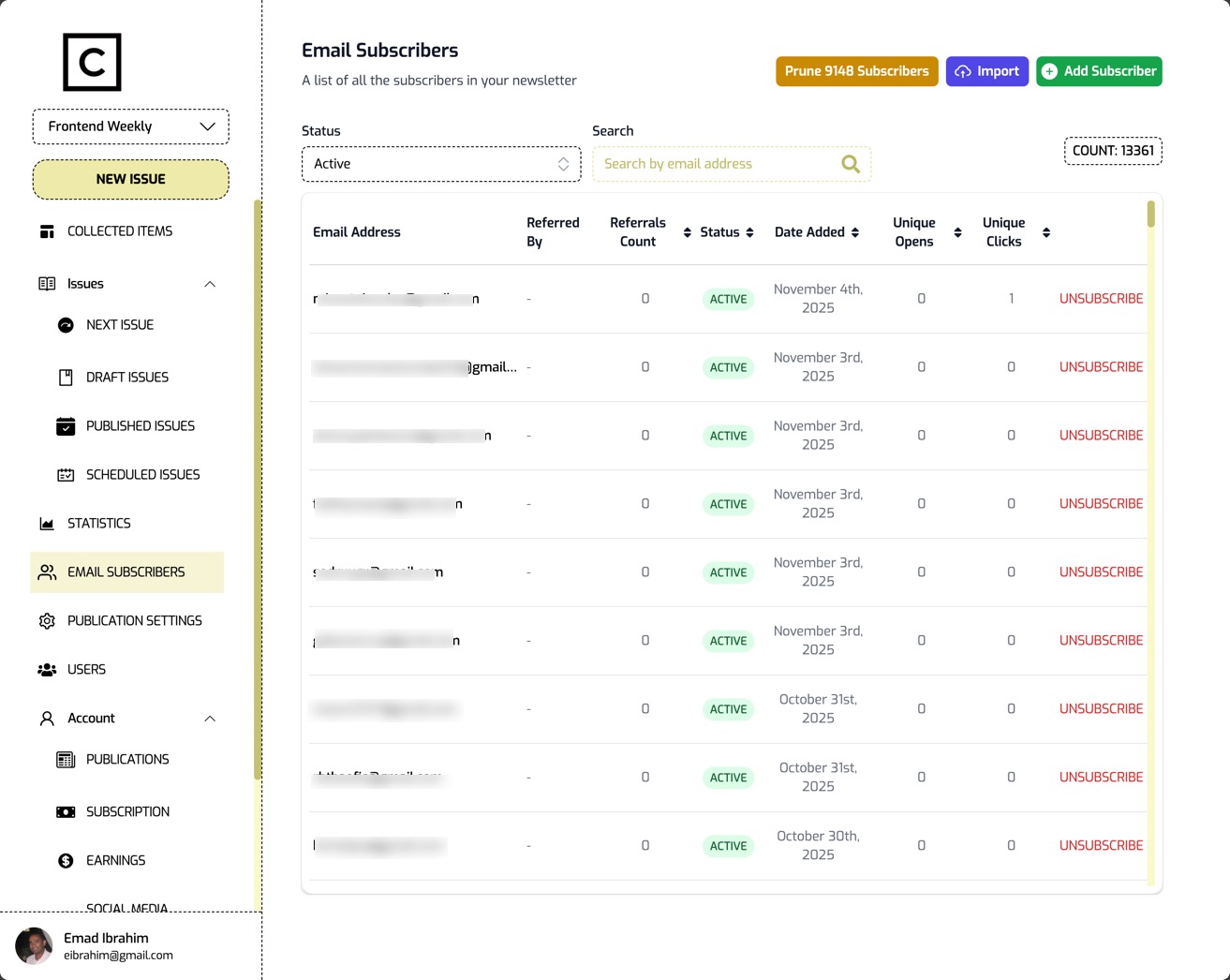 Email subscribers dashboard with engagement tracking and list management