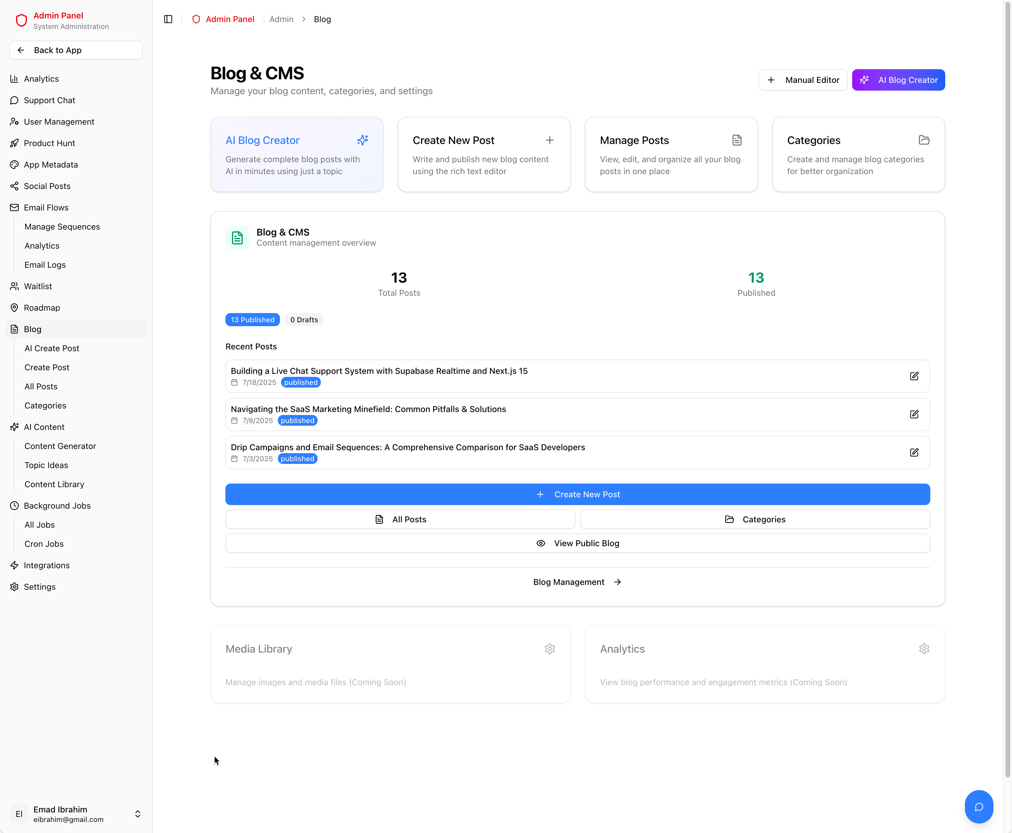 Blog CMS dashboard with AI creator, post management, and content metrics