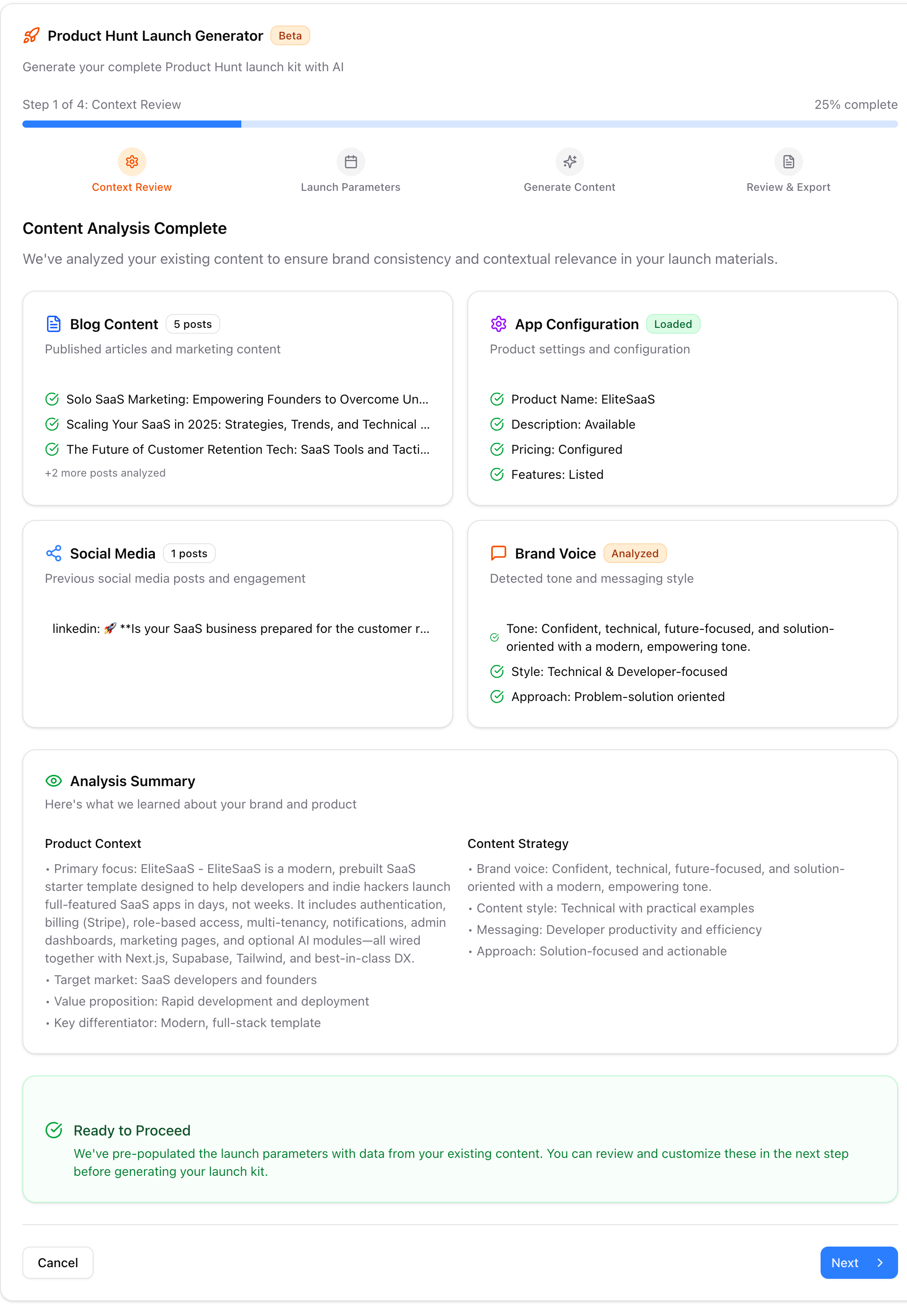 Context review showing readiness checklist with blog posts and brand voice analysis