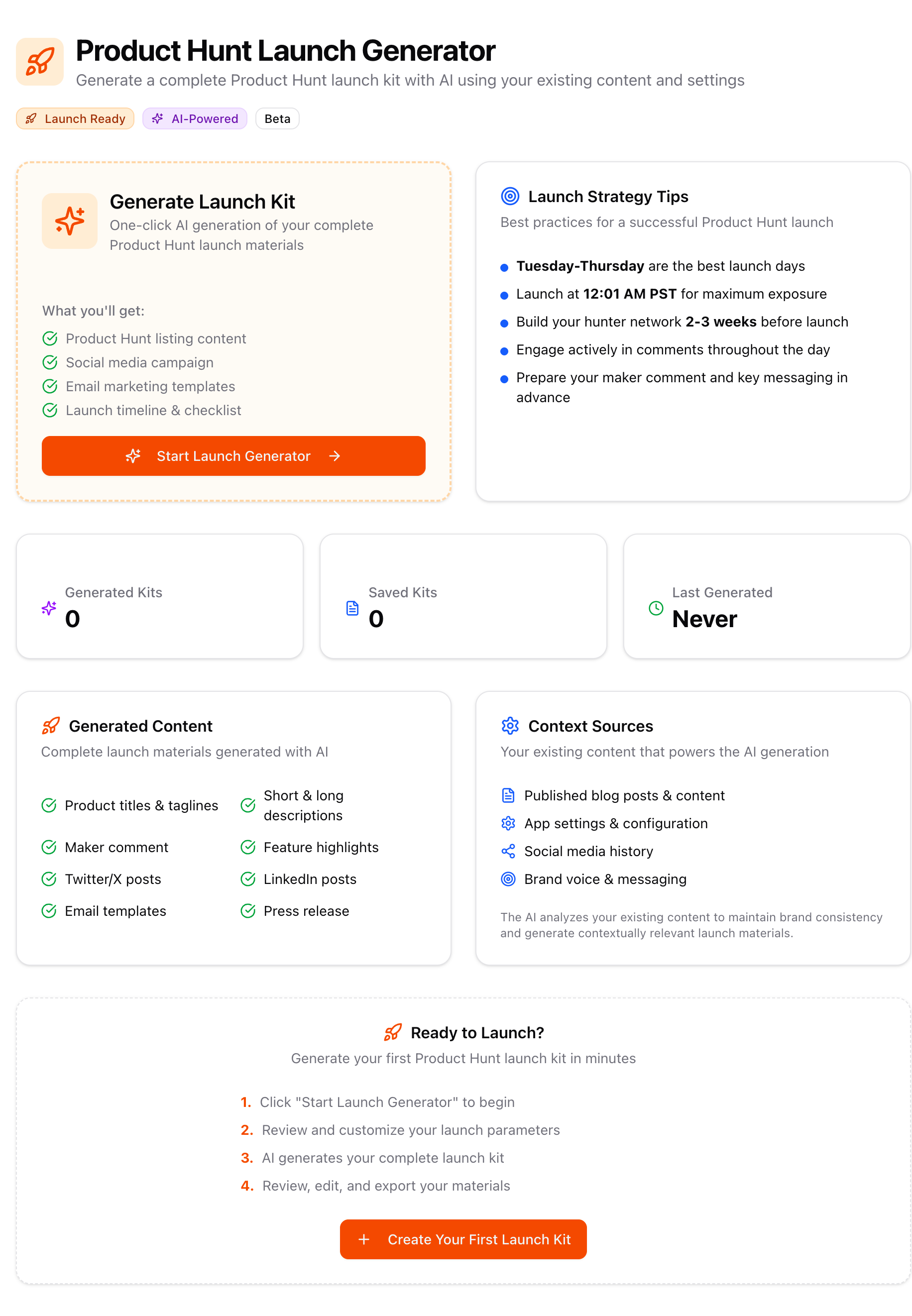 Product Hunt Launch Generator with AI-powered content creation and strategy tips