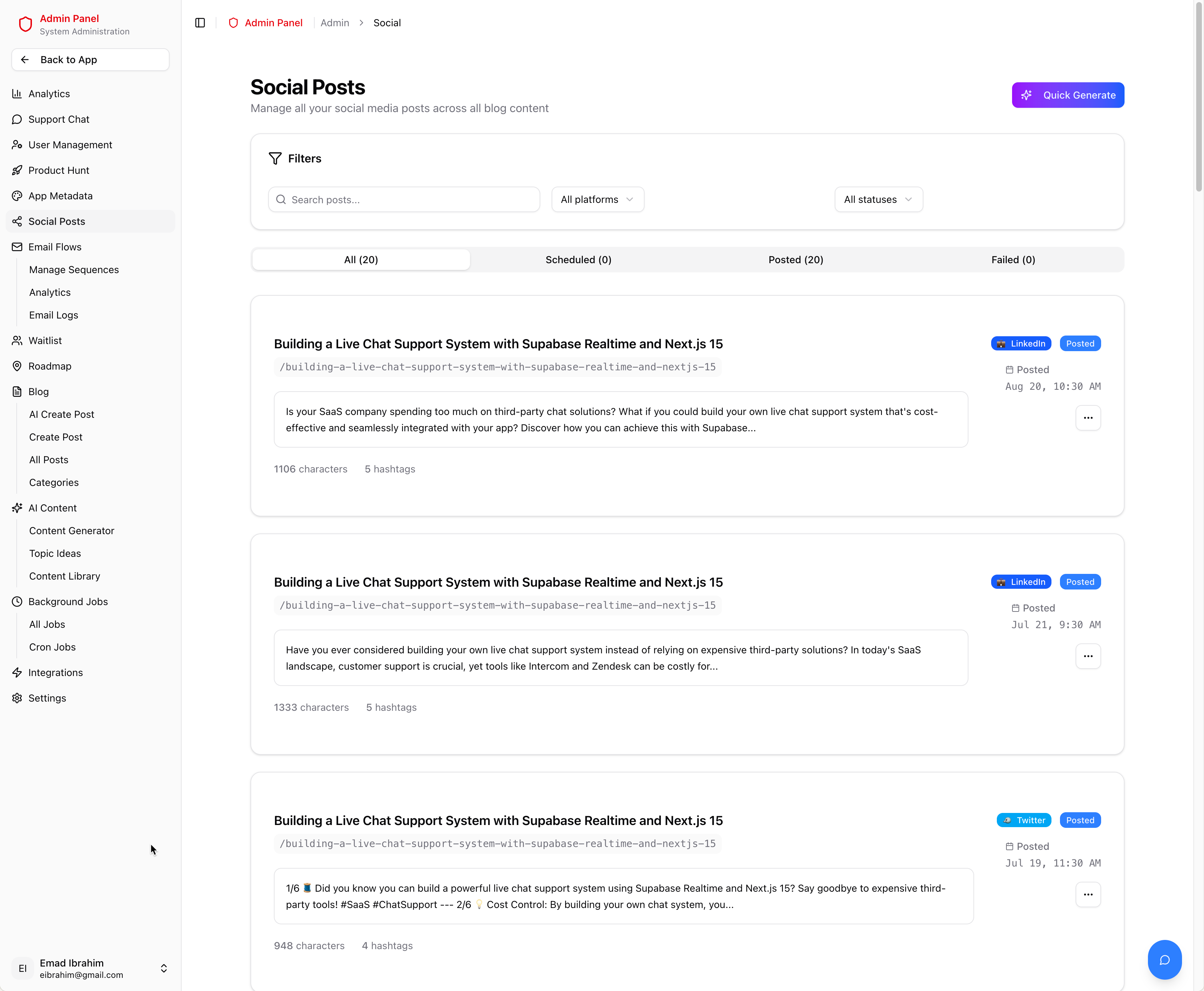 Social posts list with platform badges, status indicators, and quick actions