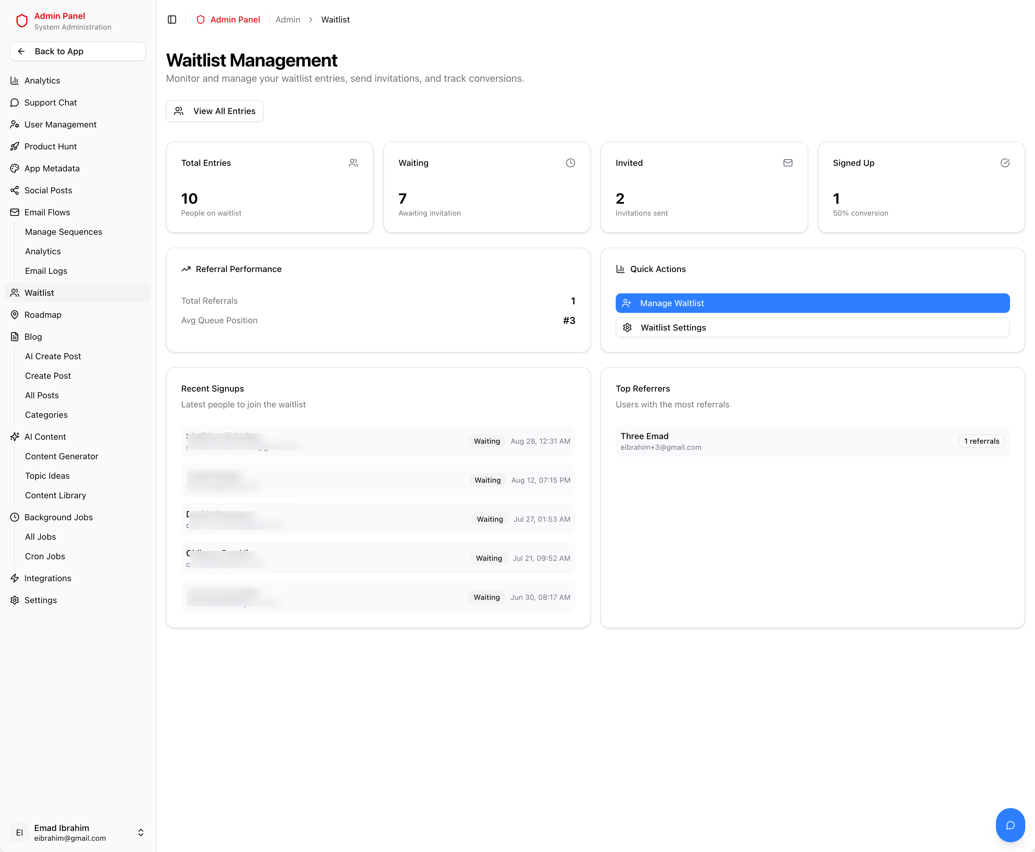Waitlist dashboard with metrics, referrals, and recent signups