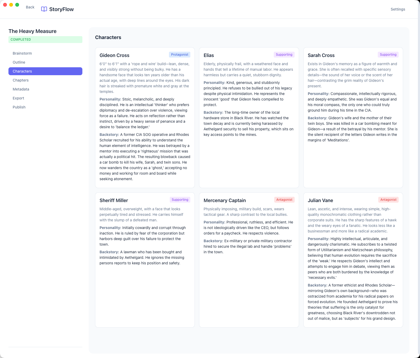 StoryFlow character management with role badges and detailed profiles