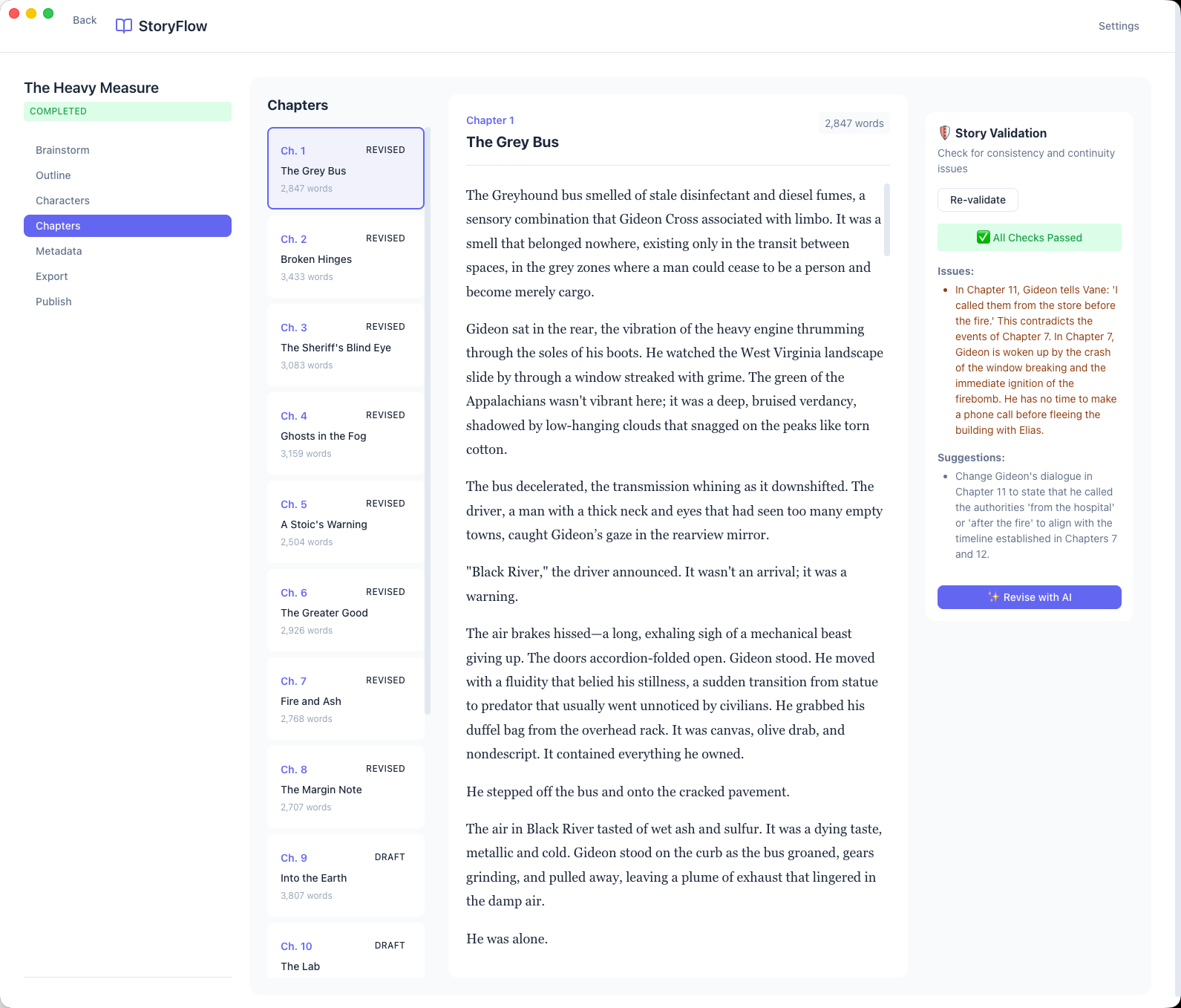 StoryFlow chapter editor with story validation panel