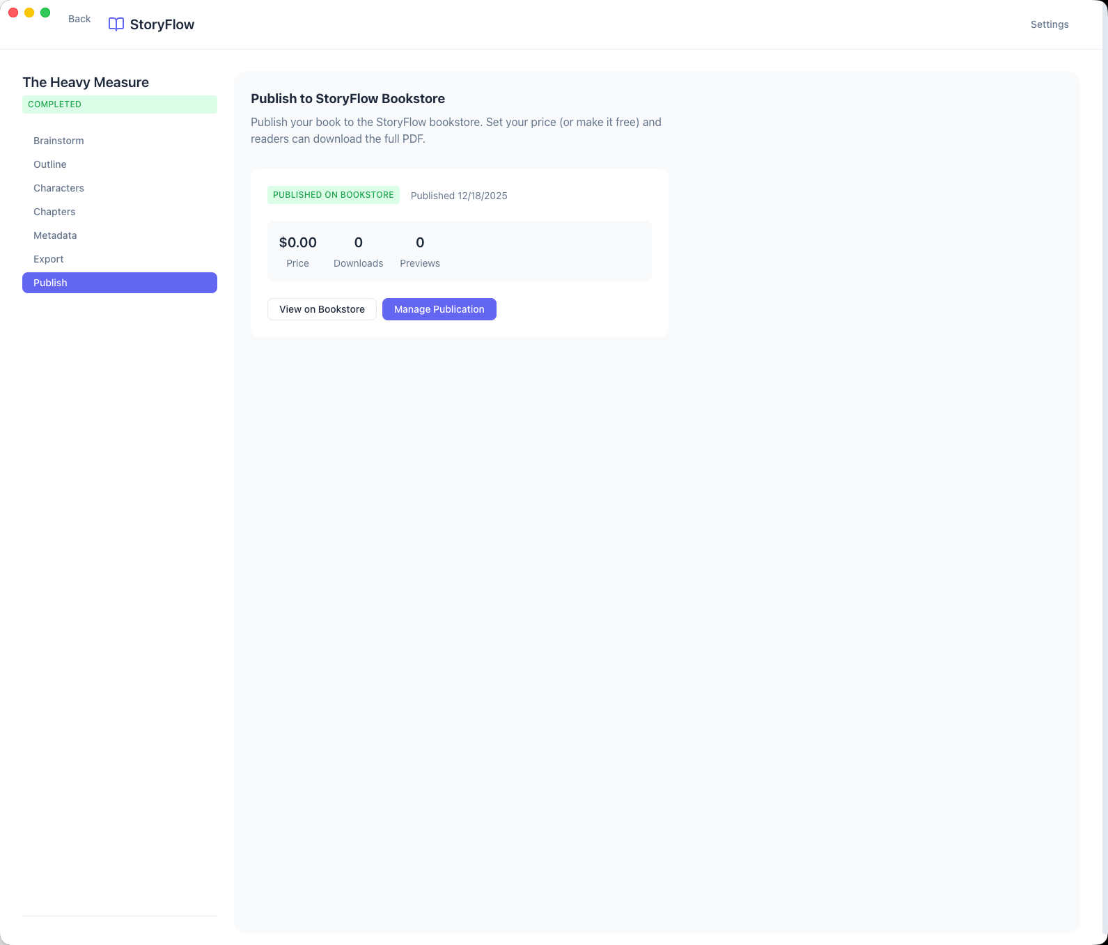 StoryFlow publish view with bookstore integration