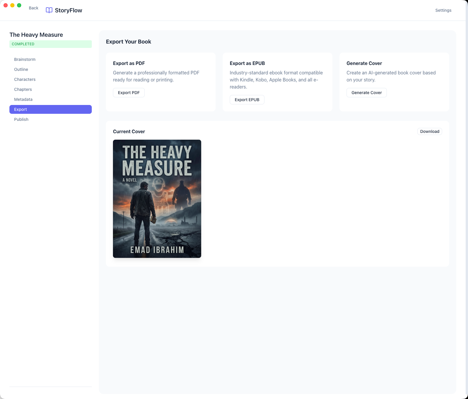 StoryFlow export view with PDF, EPUB, and cover generation