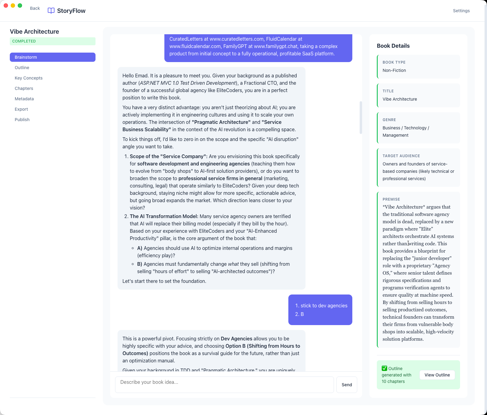 StoryFlow brainstorming interface with AI conversation and book details panel