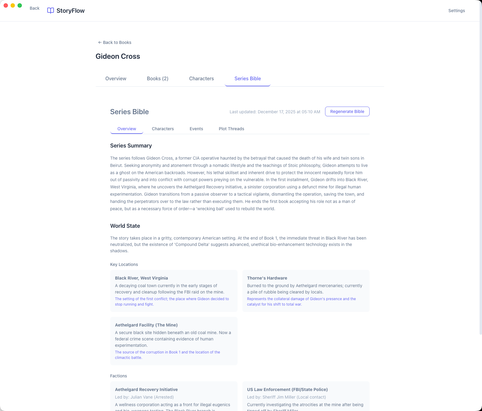 StoryFlow Series Bible with worldbuilding and faction cards