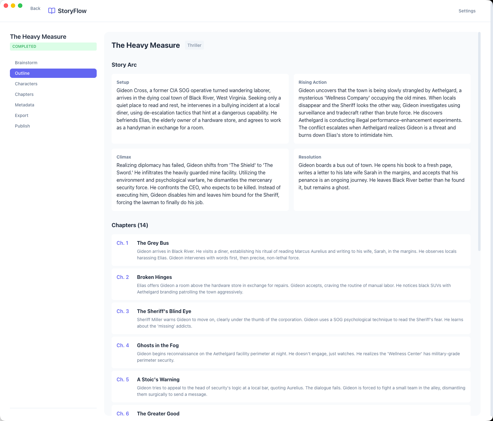 StoryFlow outline view with story arc and chapter list