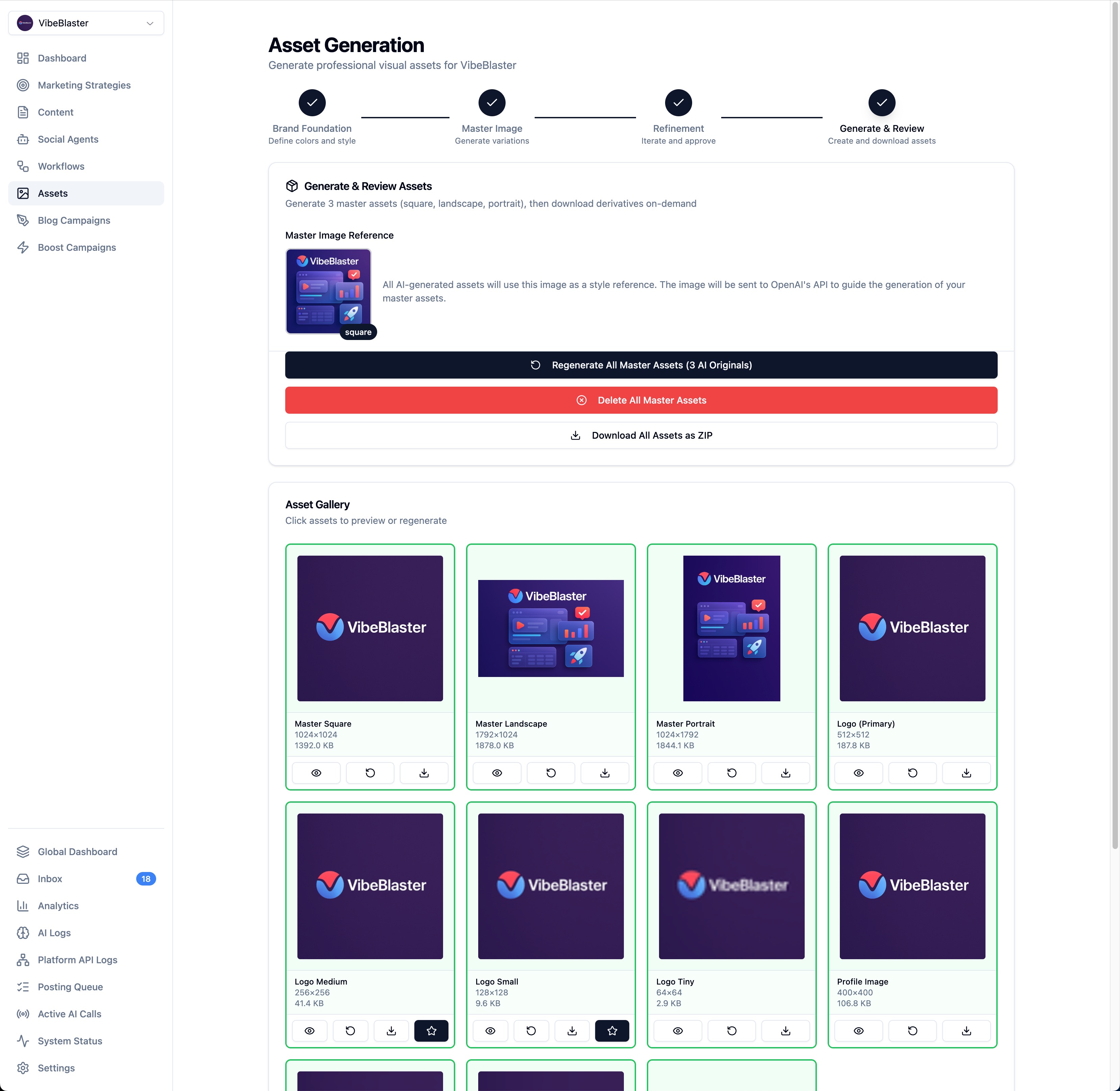 Asset Generation workflow showing AI-generated brand images and logos