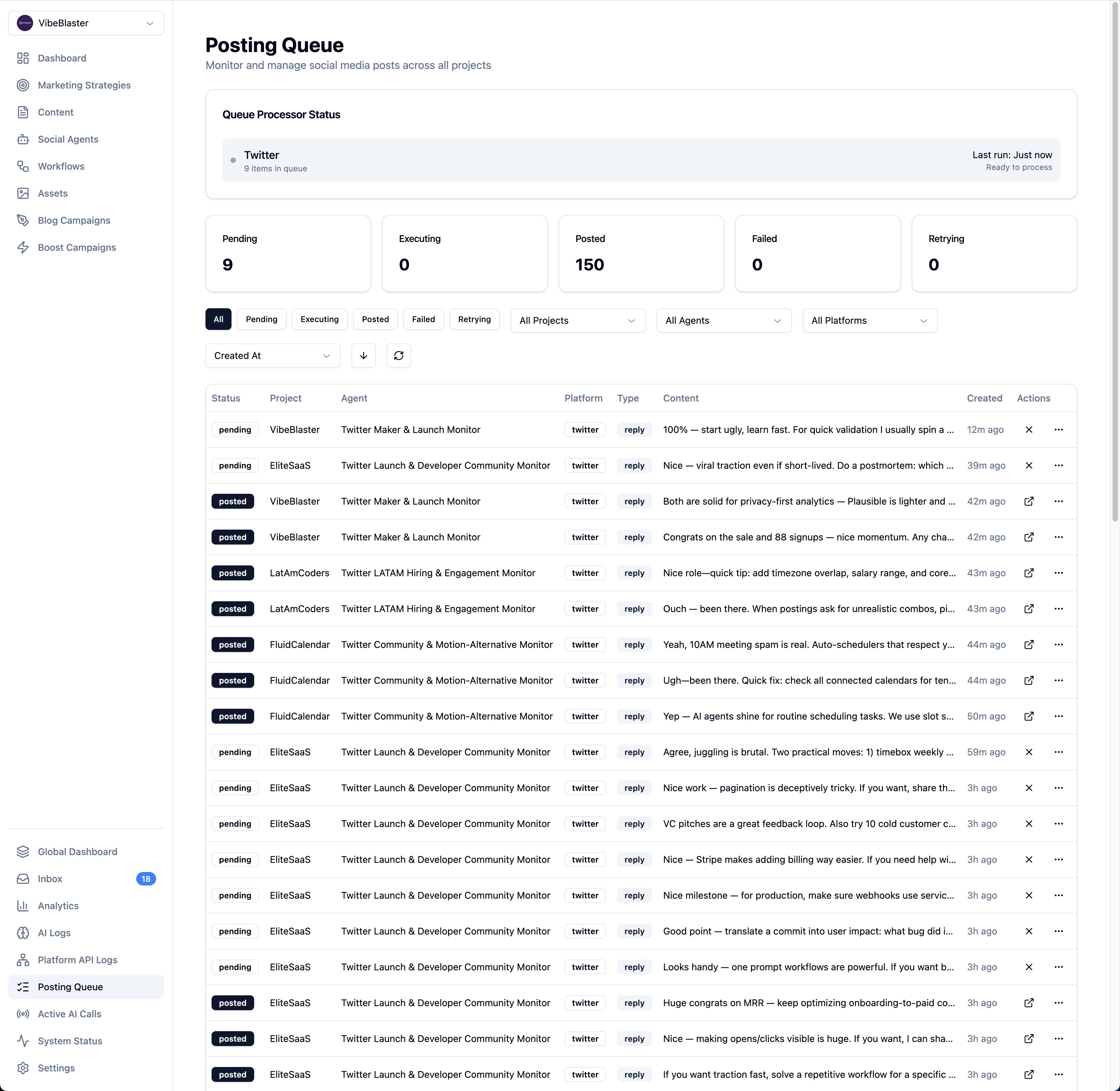 Posting Queue showing scheduled and pending social media posts