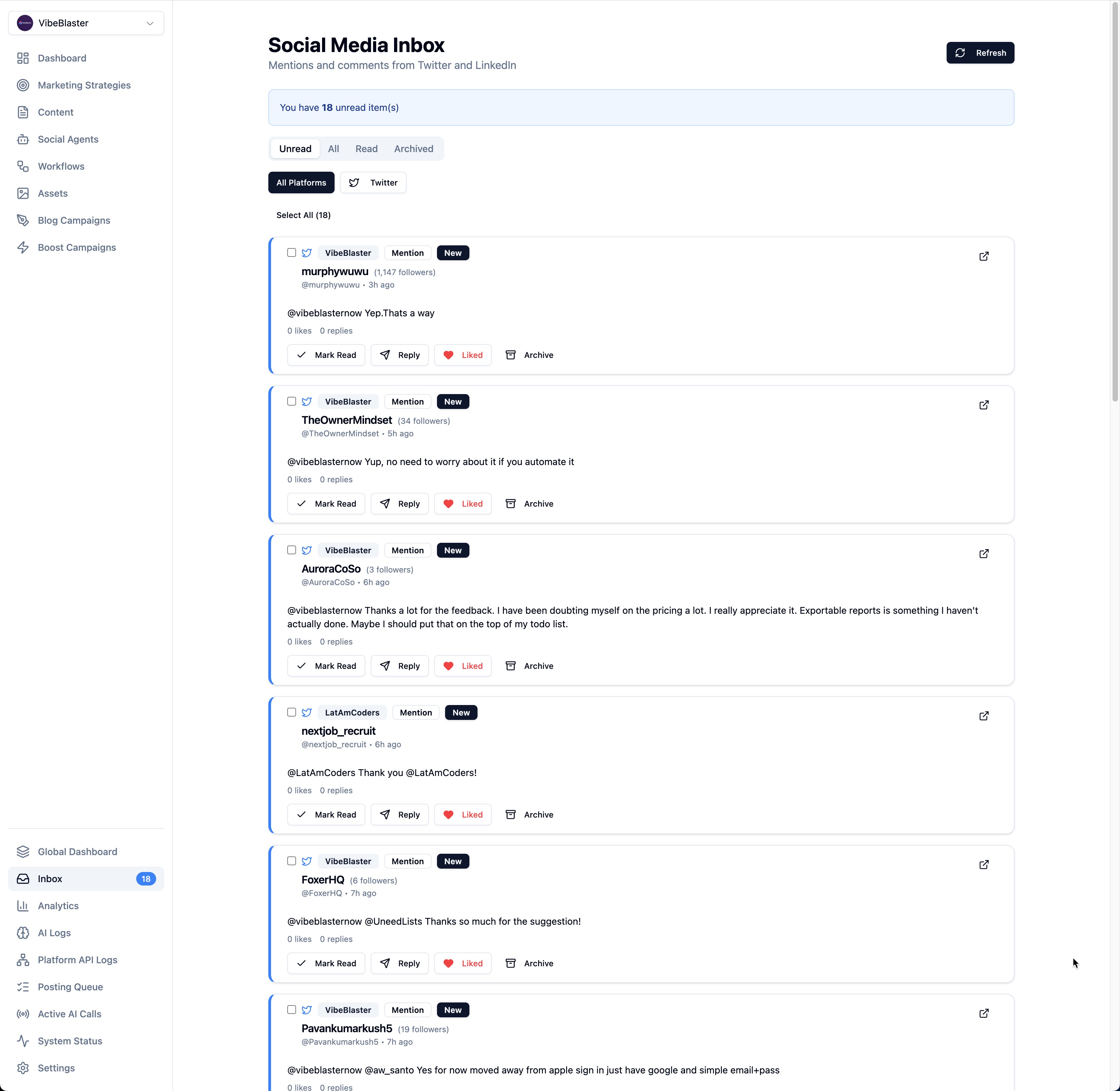 Social Media Inbox aggregating Twitter and LinkedIn mentions