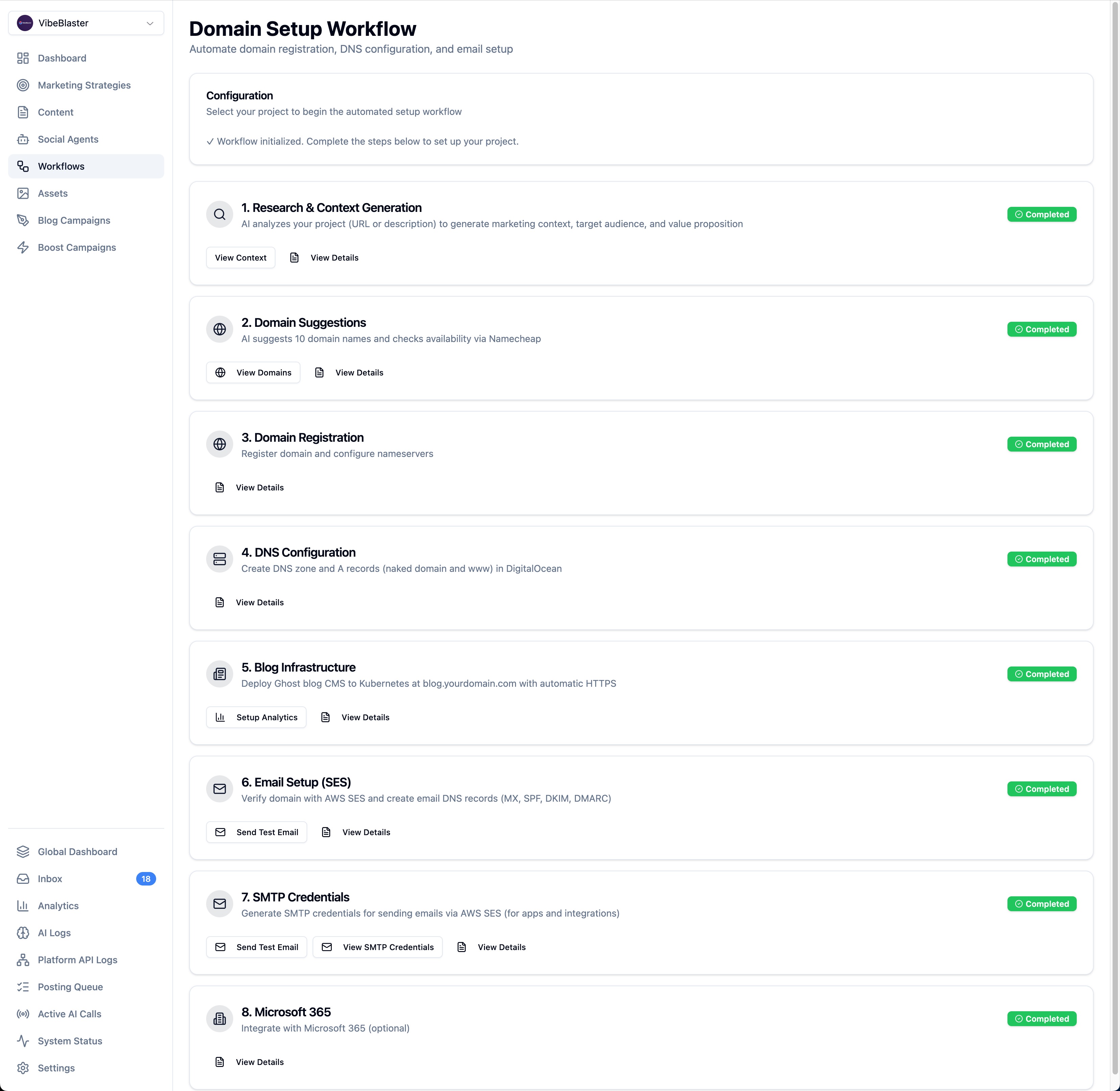 Domain Setup Workflow showing automated integration of DNS, email, and blog infrastructure