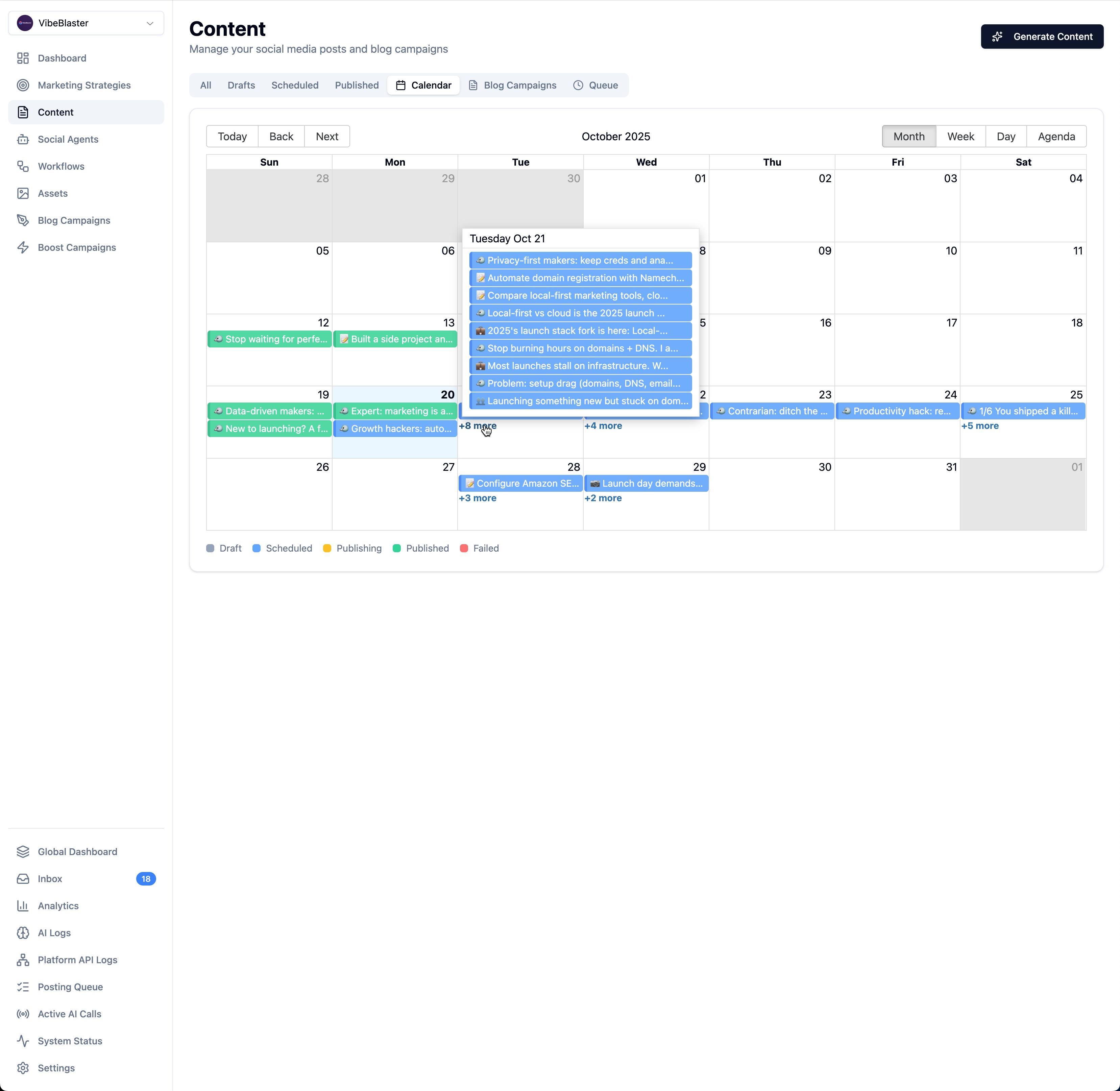 Content Calendar showing scheduled posts across multiple platforms